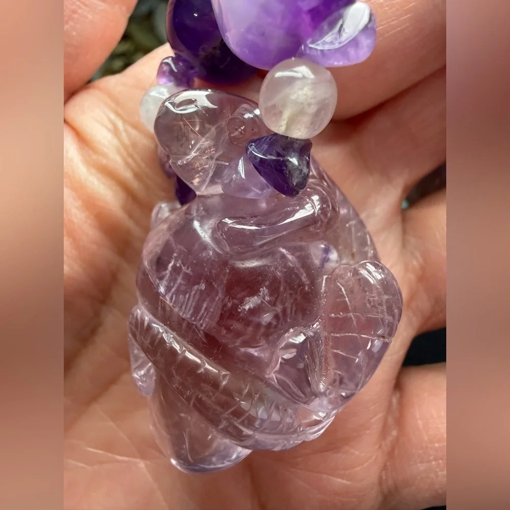 Carved amethyst lizard pendant with amethyst rock crystal necklace